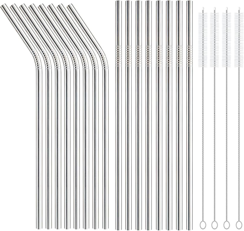 Reusable 16-Pack Stainless Steel Straws: 8 Straight, 8 Bent (8.5