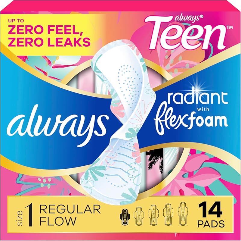 Always Radiant Teen Pads for Women, Size 1 Regular Absorbency, Unscent