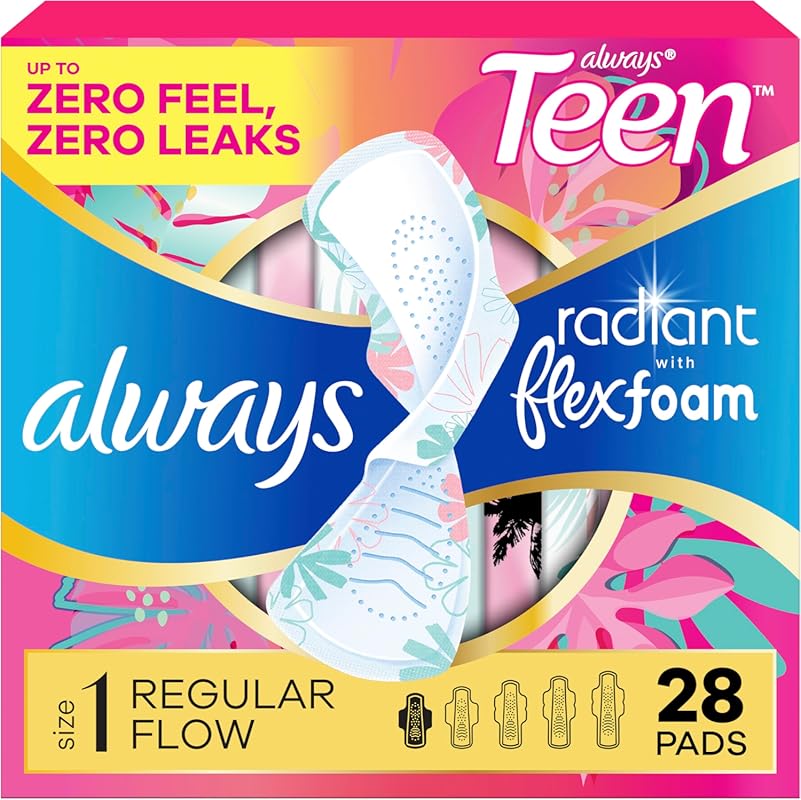 Always Radiant Teen Pads, Size 1 Regular Absorbency, Unscented with Wi