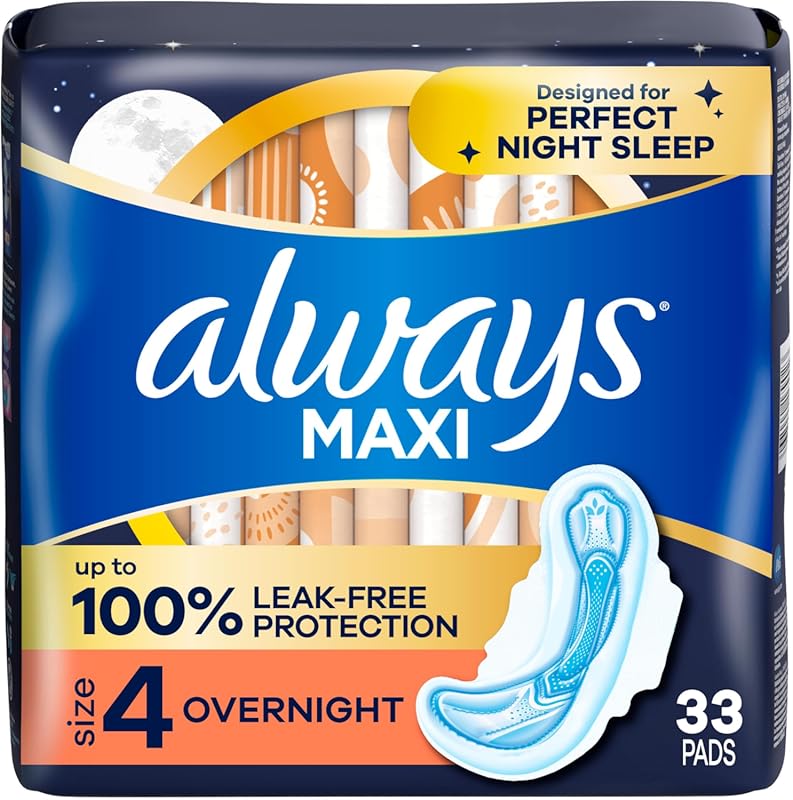 Always Maxi Overnight Pads with Wings for Women, Size 4, Unscented, Ov