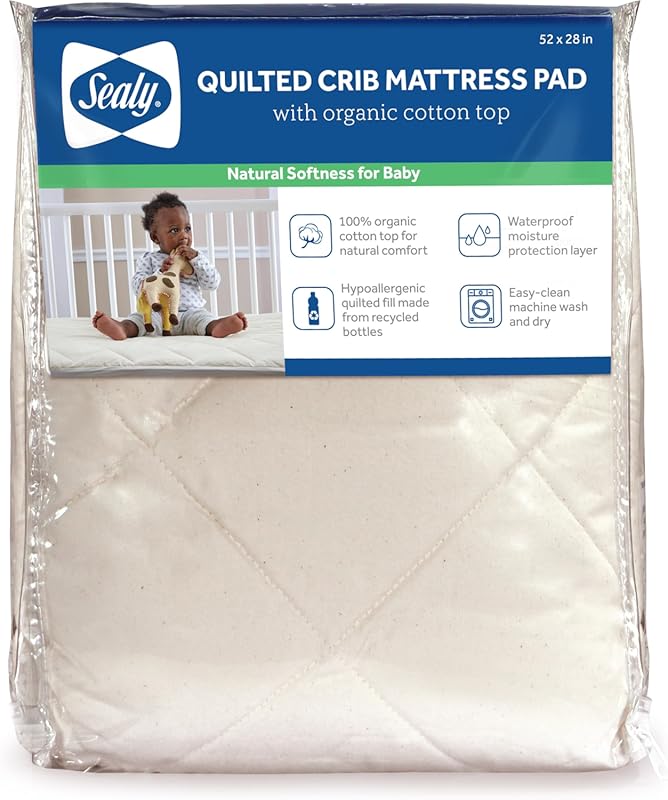 Sealy Baby Quilted Organic Cotton Top Crib Mattress Protector Pad – Br