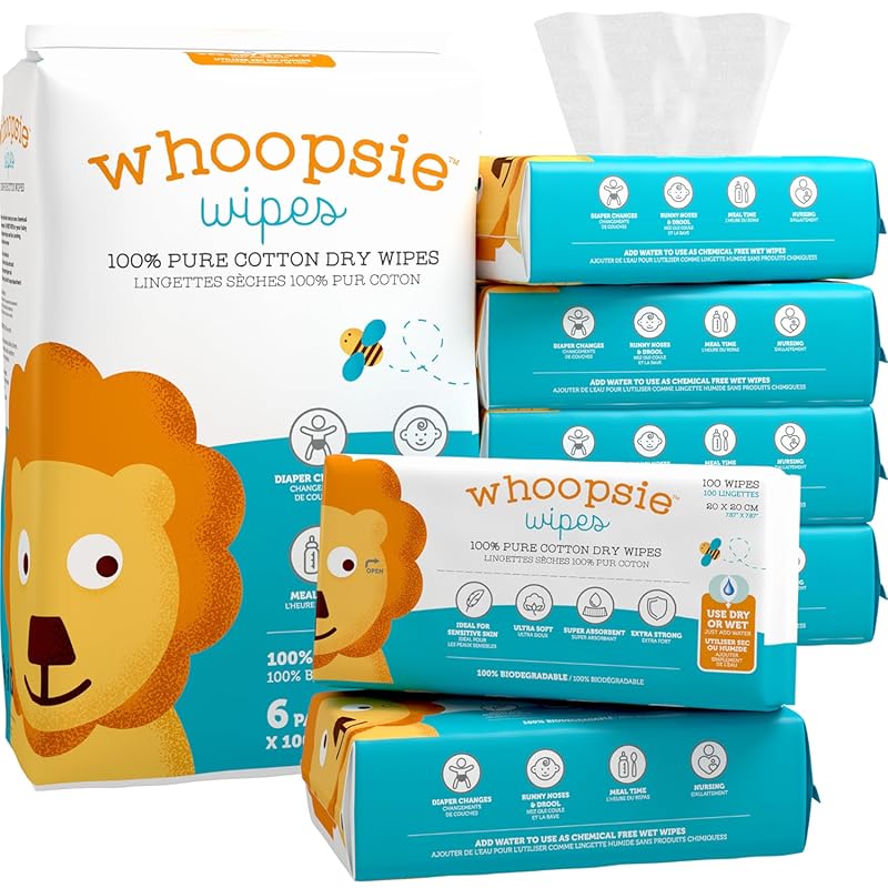 Whoopsie Wipes Original 100% Pure Cotton Dry Baby Wipes, Ultra Soft, U