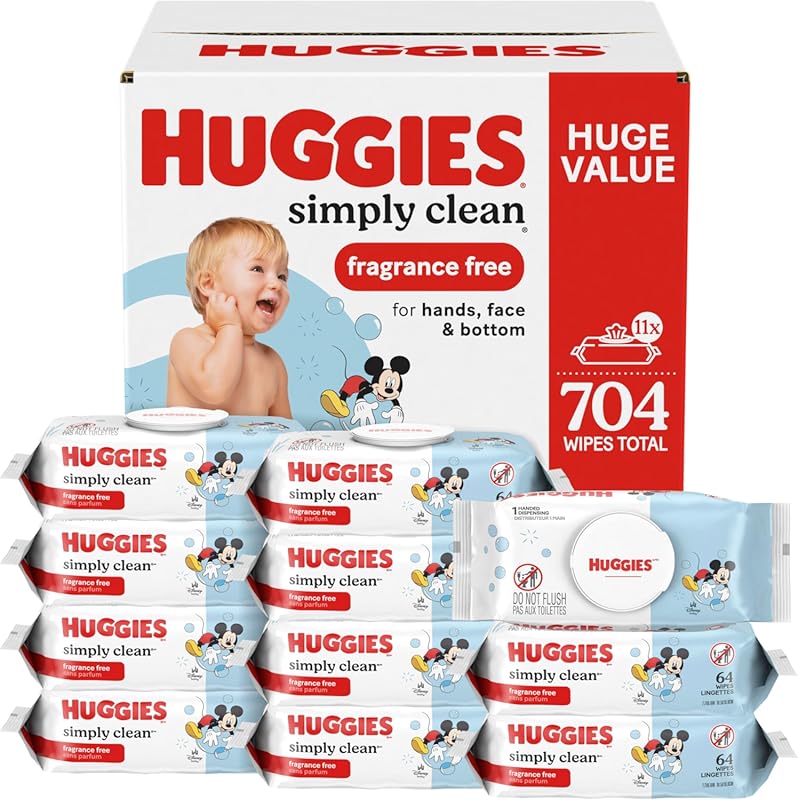 Huggies Simply Clean Unscented Baby Diaper Wipes, 11 Flip-Top Packs, 7