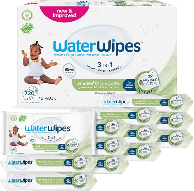 WaterWipes Sensitive+ Baby & Toddler Wipes, 99.9% Water, Textured Clea
