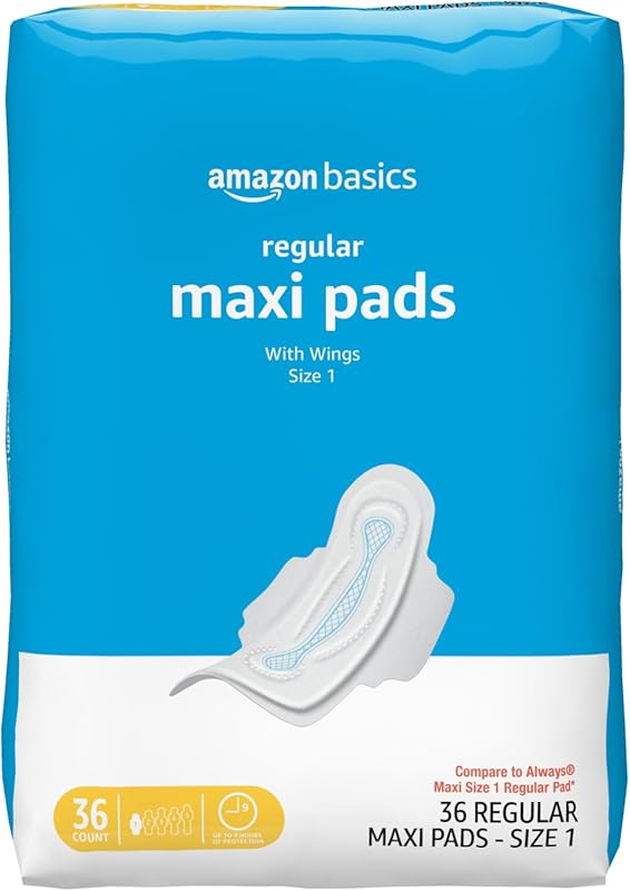 Amazon Basics Thick Maxi Pads with Wings, Size 1 Regular Absorbency, U