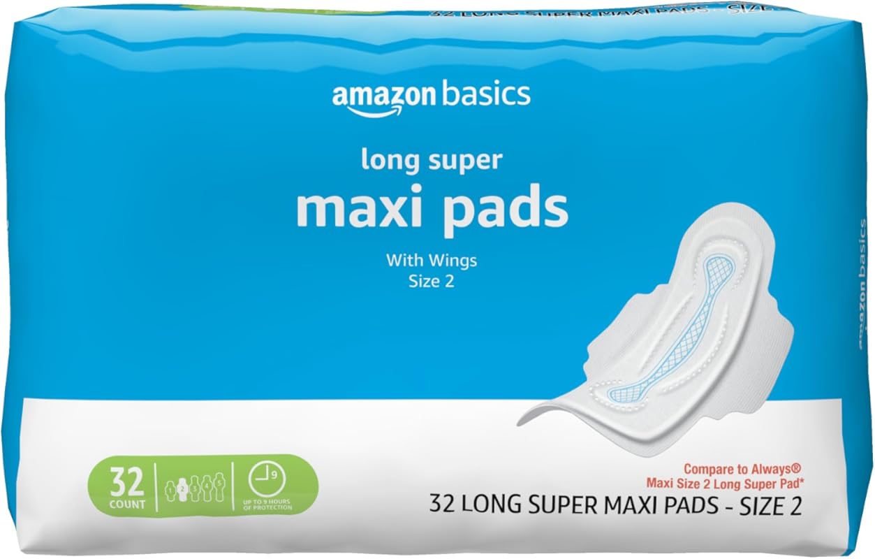 Amazon Basics Feminine Maxi Pads with Flexi-Wings, Size 2 Long Super A
