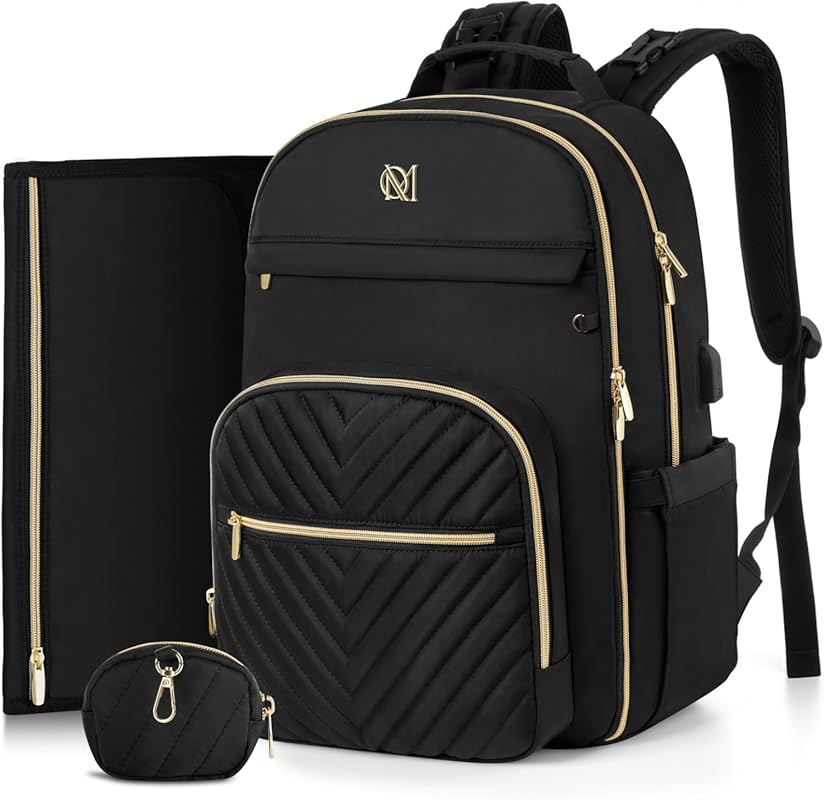 MOMUVO Quilted Diaper Bag Backpack: Changing Pad, Stroller Straps, Pac