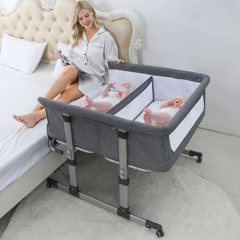 Ihoming Twin Bedside Bassinet, Adjustable Co-Sleeper Crib for Twins At