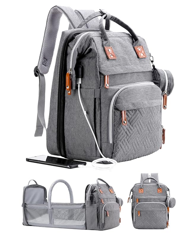 Large Multifunctional Diaper Bag Backpack with Changing Station, Gray 