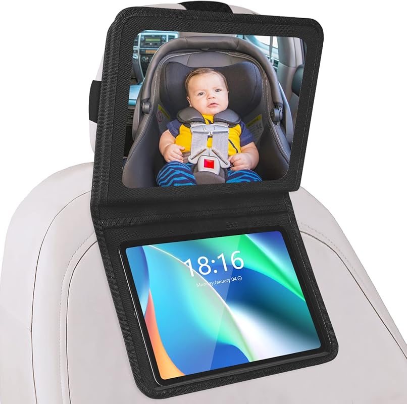 Baby Car Mirror with Adjustable Tablet Holder for Backseat, Rear Facin
