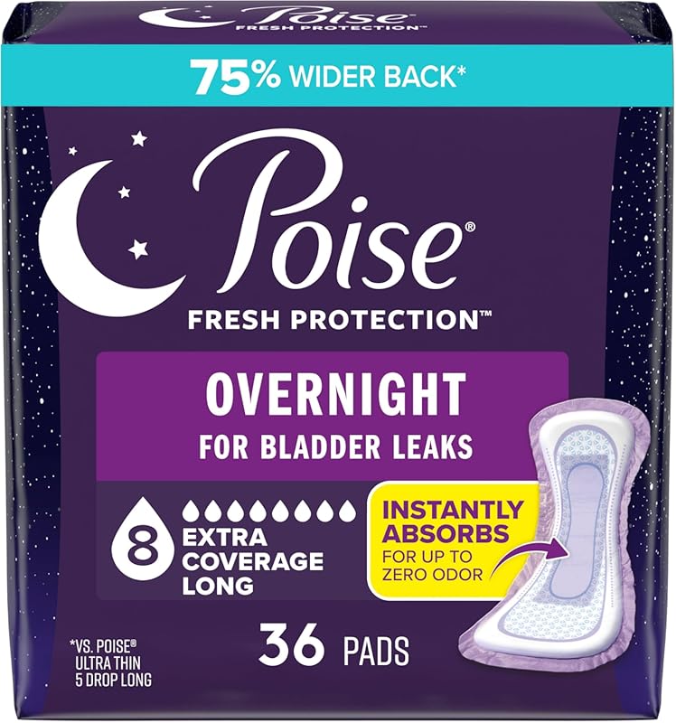 Poise Overnight Incontinence & Postpartum Pads for Bladder Leaks, 8 Dr