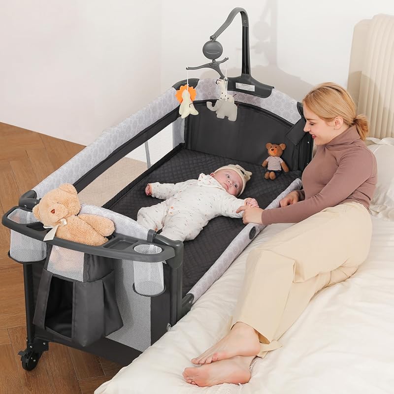 ELEMARA 4-in-1 Portable Baby Bassinet Bedside Crib, Diaper Changer, 1-