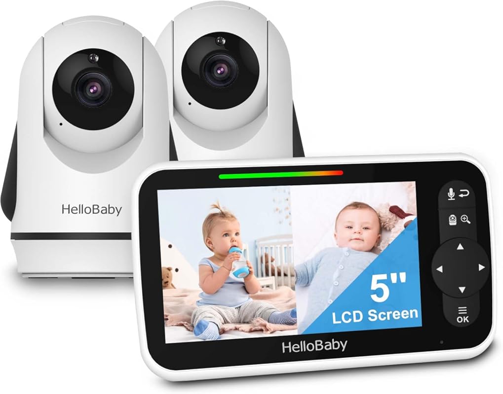 HelloBaby 5" Split Screen Baby Monitor: 2 Remote Cameras, Night Vision