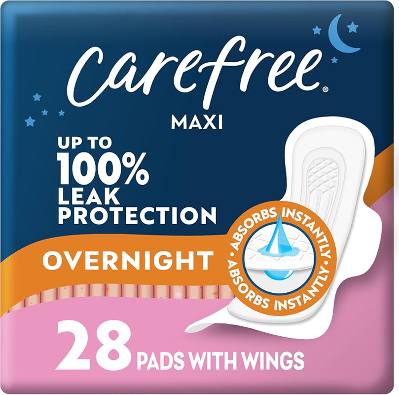 Carefree Maxi Overnight Pads with Wings for Women, 28 Count, Period & 