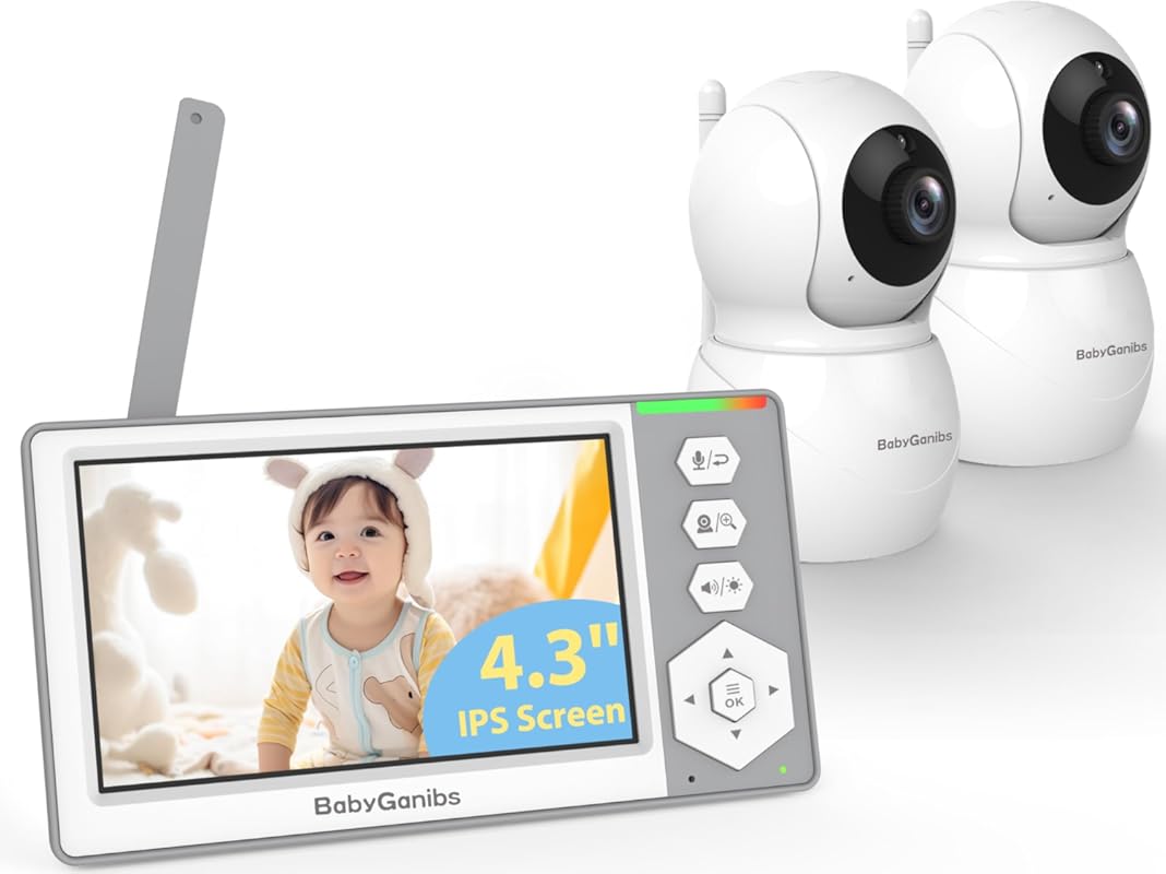 4.3" IPS No WiFi Baby Monitor: 2 PTZ Cameras, 26H Battery, Night Visio