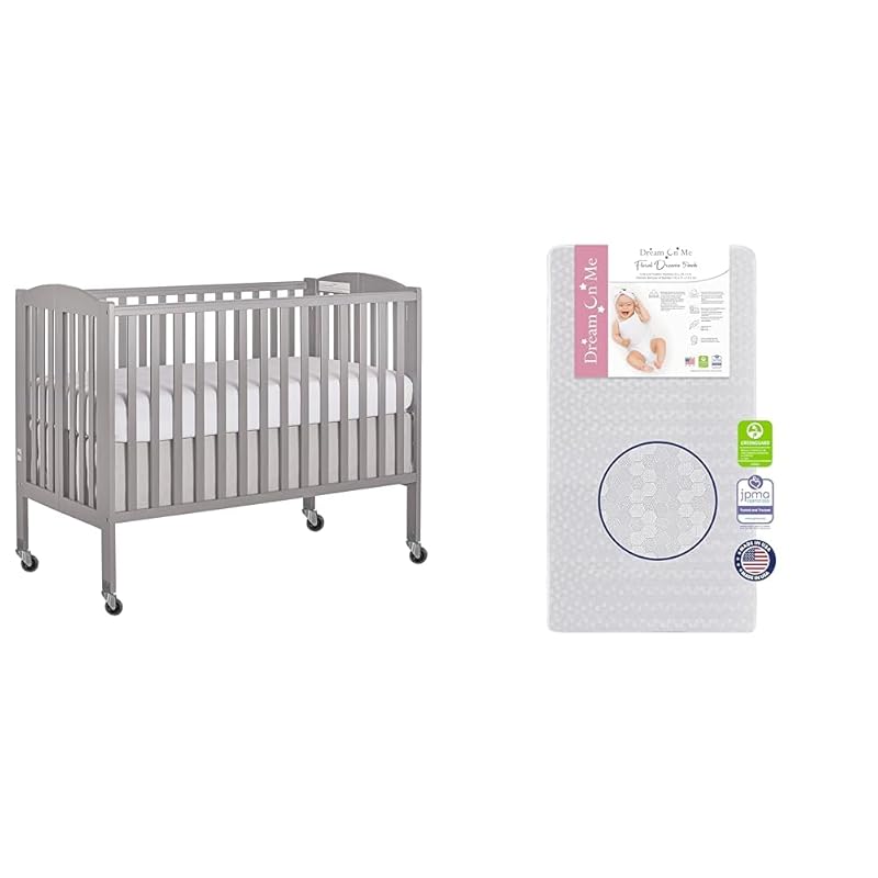 Dream On Me Folding Full Size Crib, Storm Grey, with 2-Position Firm H