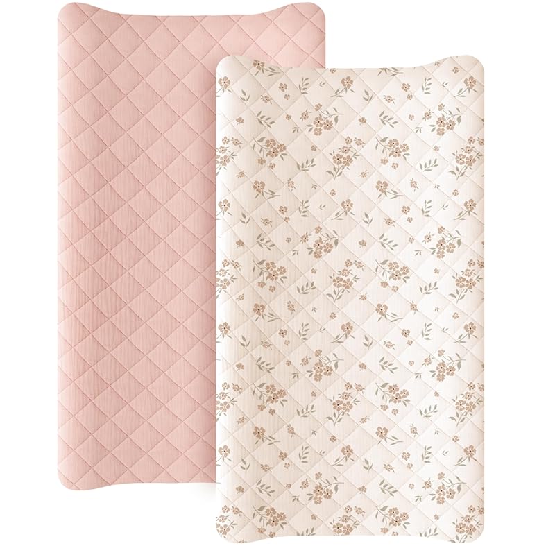 Konssy Waterproof Muslin Changing Pad Cover 2 Pack, Quilted Cotton Sof