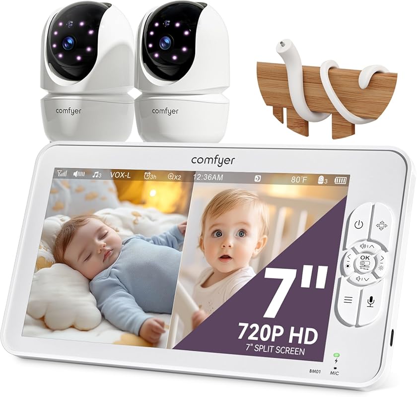 7" HD Split-Screen No WiFi Baby Monitor: 2 Cameras, 48H Battery, Remot