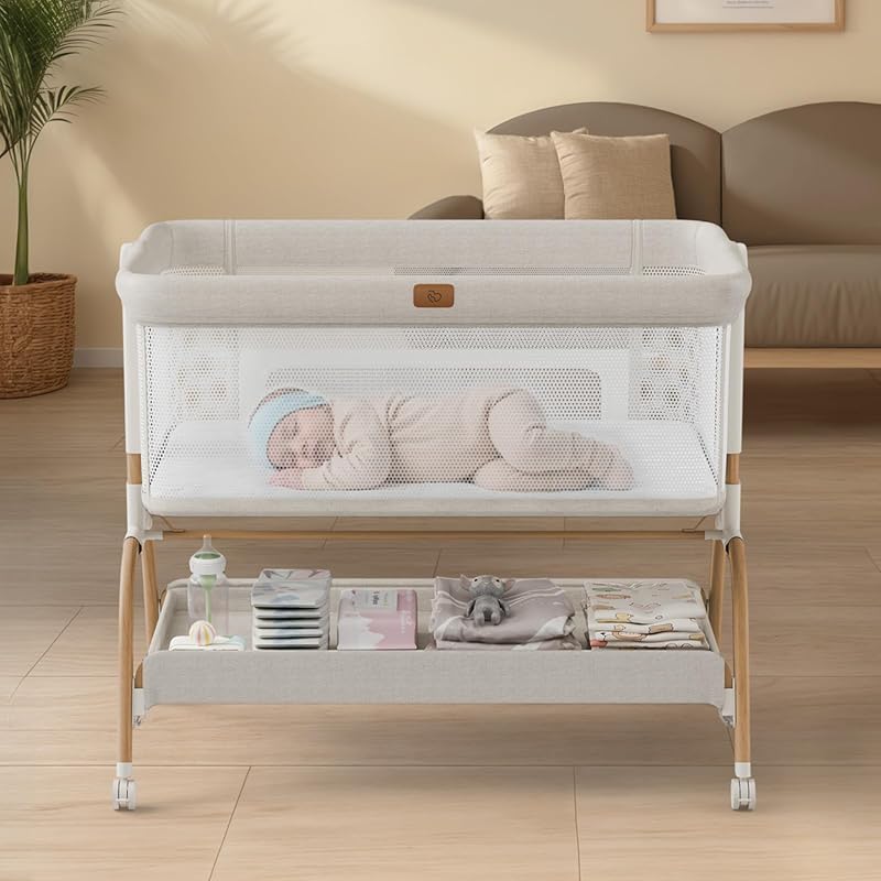 3-in-1 Baby Bassinet Bedside Sleeper Crib with Mattress, Breathable Sh