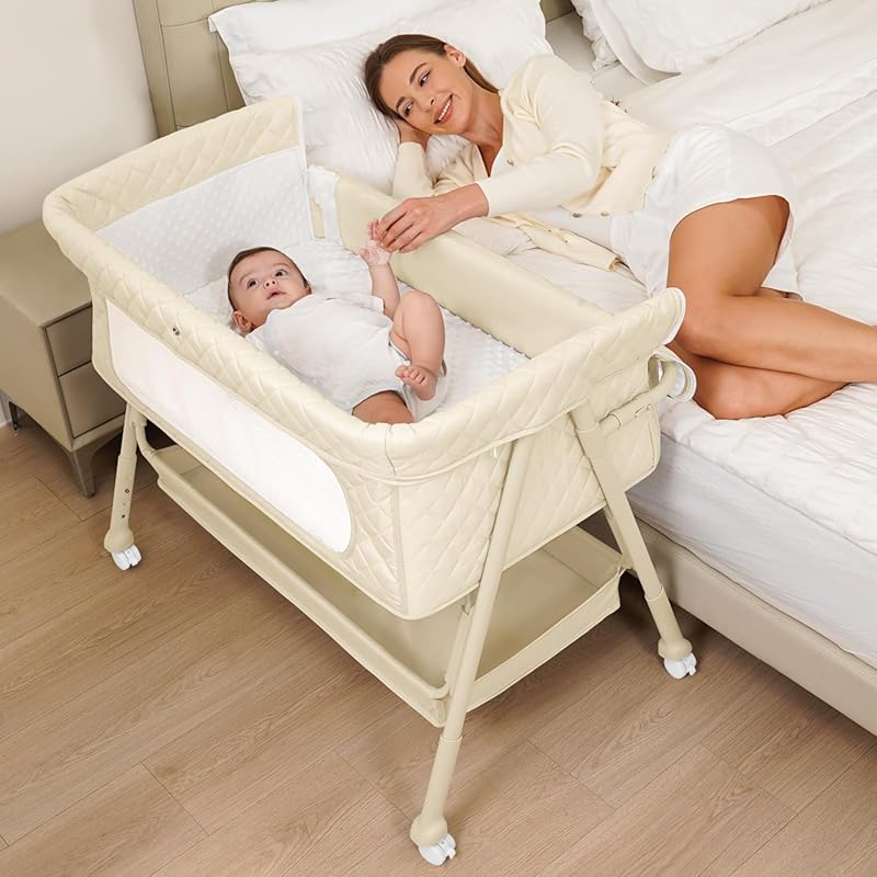 Baby Bassinet Bedside Sleeper with Breathable Mesh, Mattress, Lockable