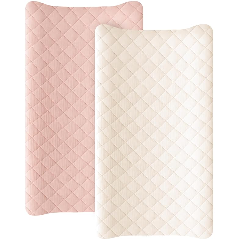 Konssy Waterproof Muslin Changing Pad Cover 2 Pack, Quilted Cotton Sof