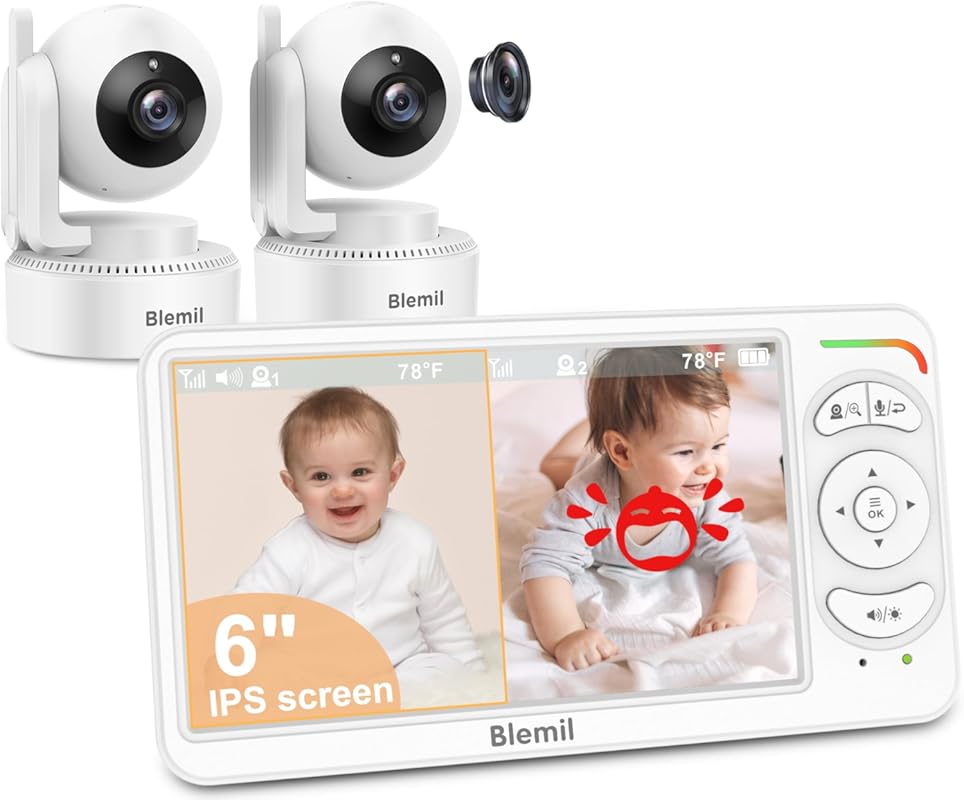 Blemil 6" Split Screen No WiFi Baby Monitor: 2 PTZ Cameras, 4000mAh Ba