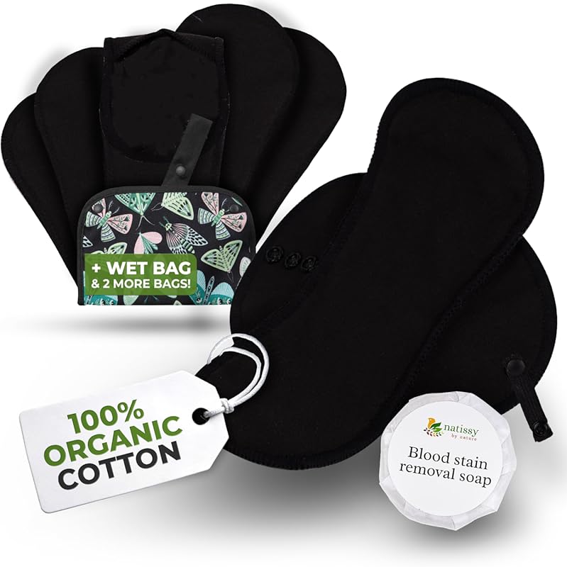 Organic Cotton Reusable Period Pads for Heavy Flow, 6-Pack L/XL, Leak-