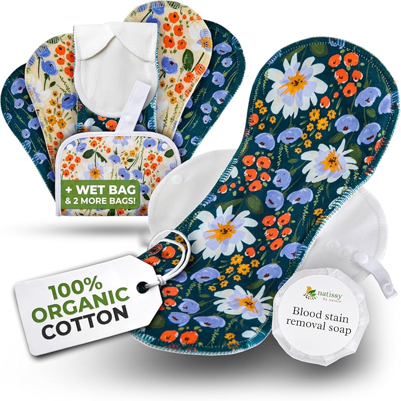 Organic Cotton Reusable Period Pads for Heavy Flow, 6-Pack L/XL, Leak-