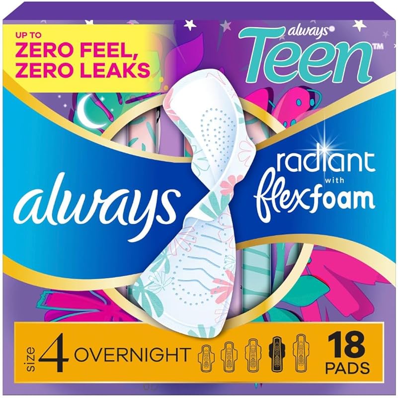 Always Radiant Teen Overnight Pads, Size 4, Unscented with Wings, 18 C