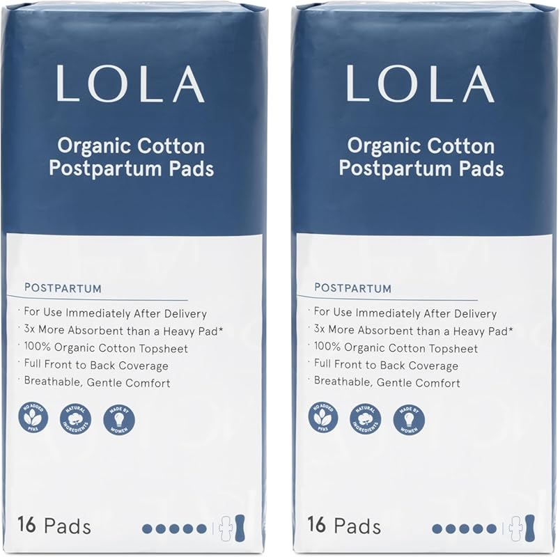 LOLA Organic Cotton Postpartum Pads, Max Absorbency Extra-Long Overnig