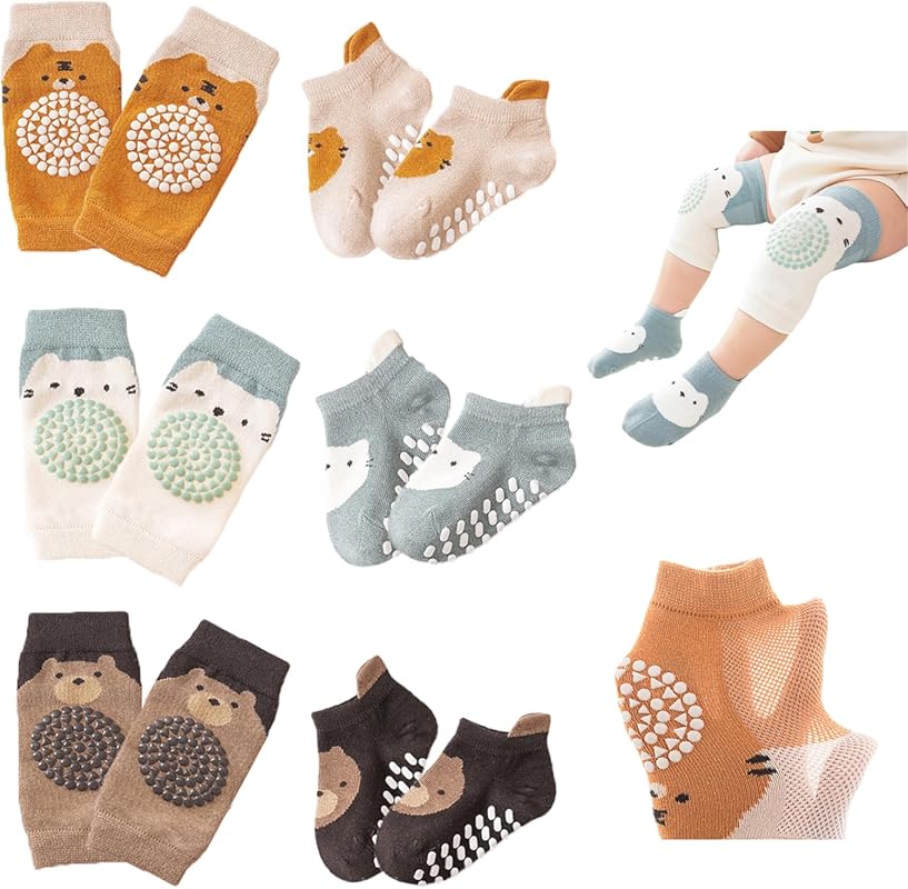 Feidoog Anti-Slip Baby Crawling Knee Pads & Socks Set (3+3 Pairs) - In