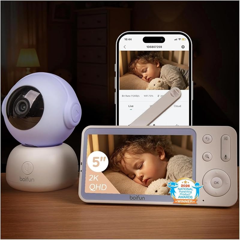 BOIFUN Wi-Fi Baby Monitor: 2K HD Camera, 5” Display, Night Vision, Mot