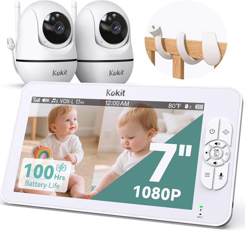 7" 1080P HD Split Screen Baby Monitor, Dual PTZ Cameras, 100H Battery,