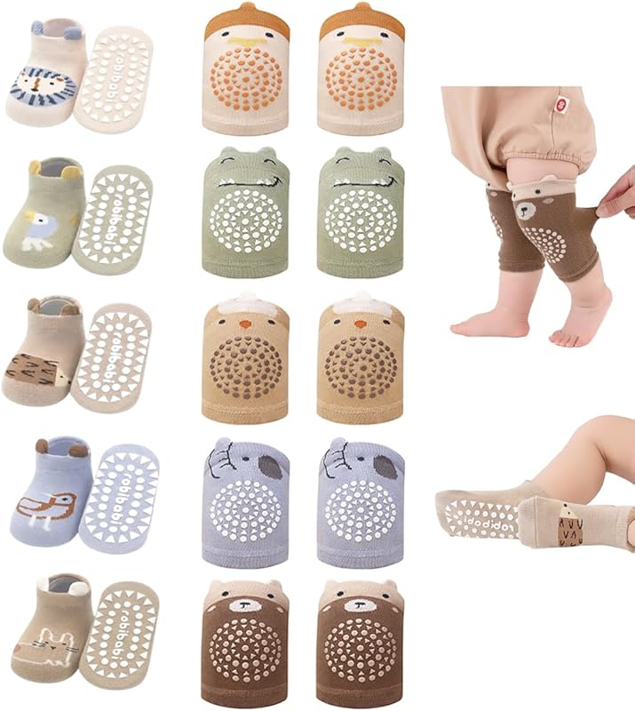 Baby Crawling Knee Pads & Ankle Socks (10 Pairs) with Anti-Slip Grips 