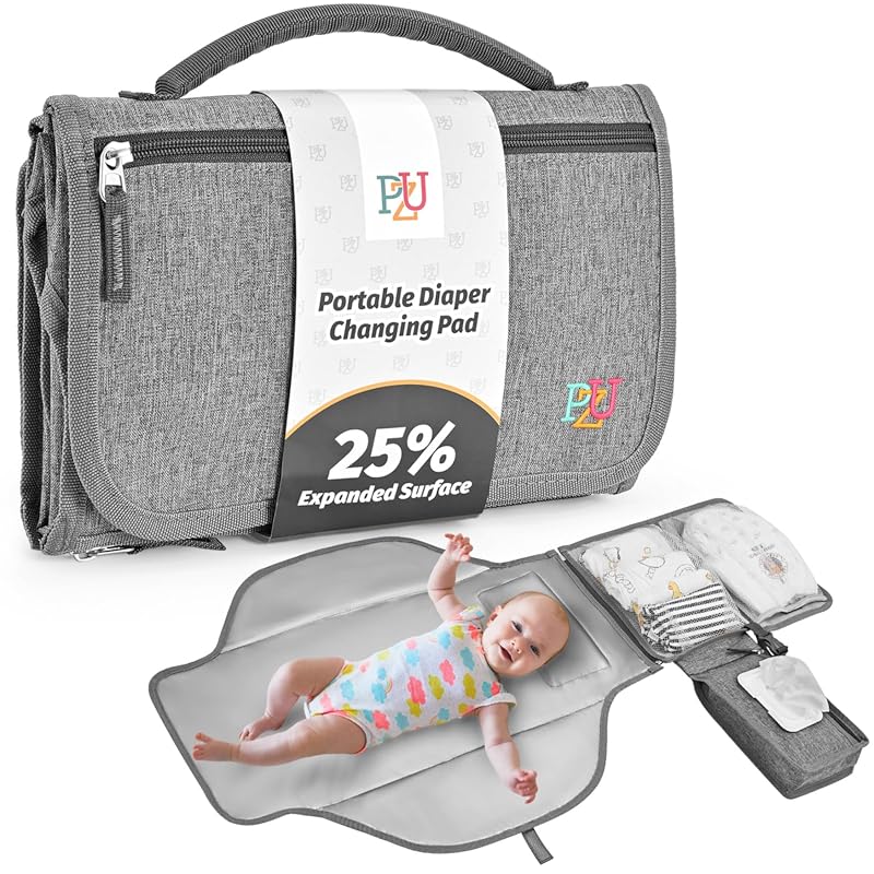 PZU Portable Waterproof Diaper Changing Pad with Wipes Pocket, Travel 