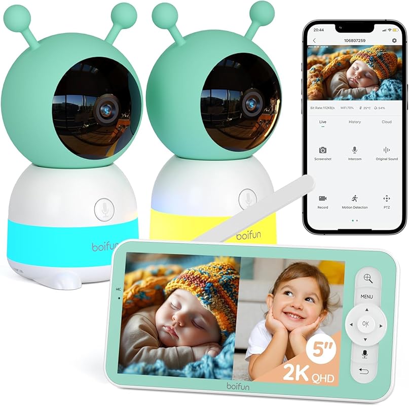 Boifun 2K WiFi Baby Monitor with 2 Cameras, 5