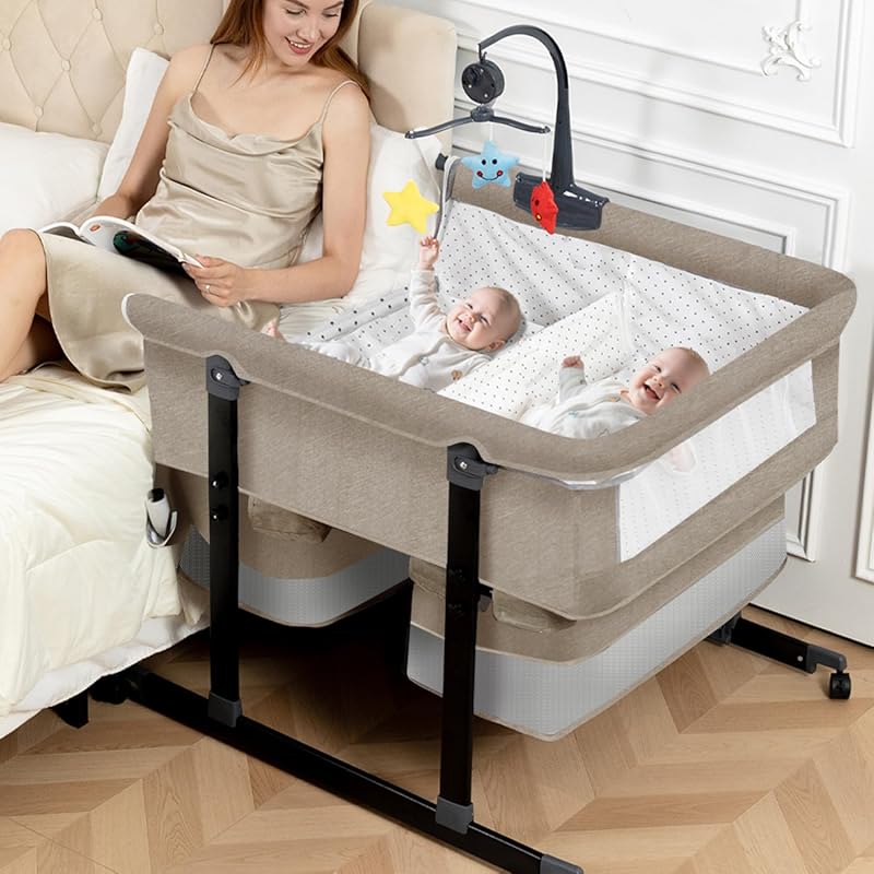 Portable Twin Bassinet for 2 Babies, Foldable Bedside Sleeper with Mus