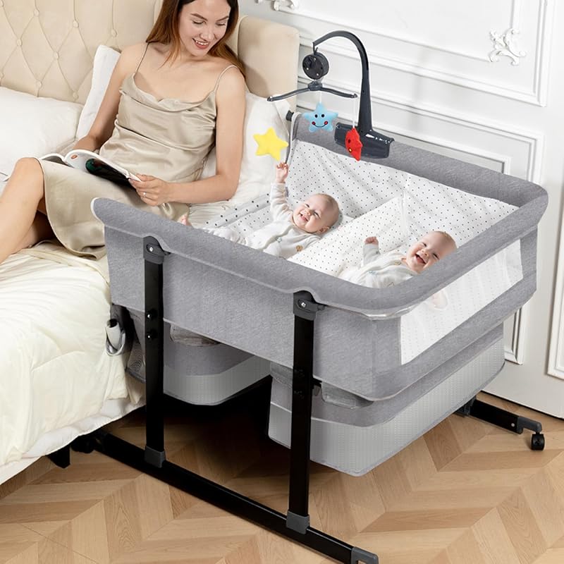 Portable Twin Bassinet for 2 Babies, Foldable Bedside Sleeper with Mus