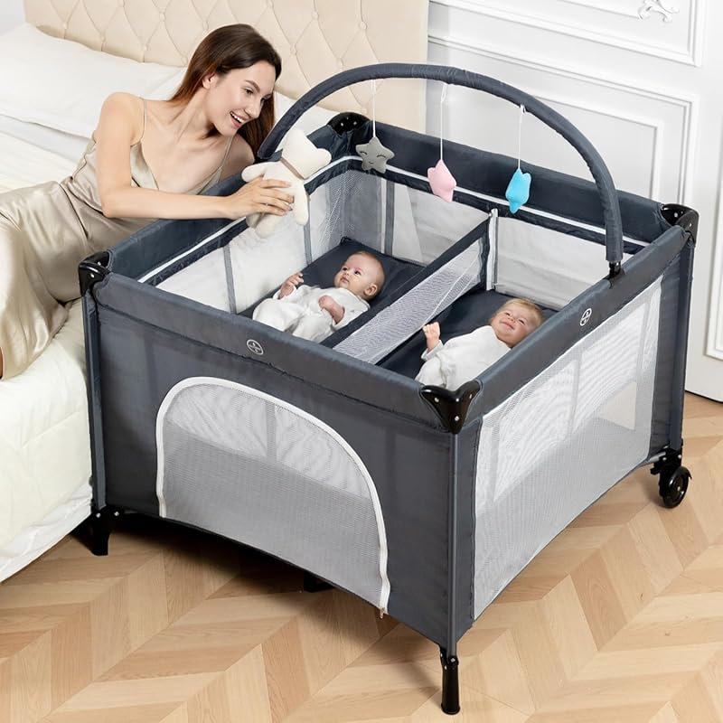 3-in-1 Twin Bassinet for 2 Babies, Portable Bedside Sleeper & Pack and