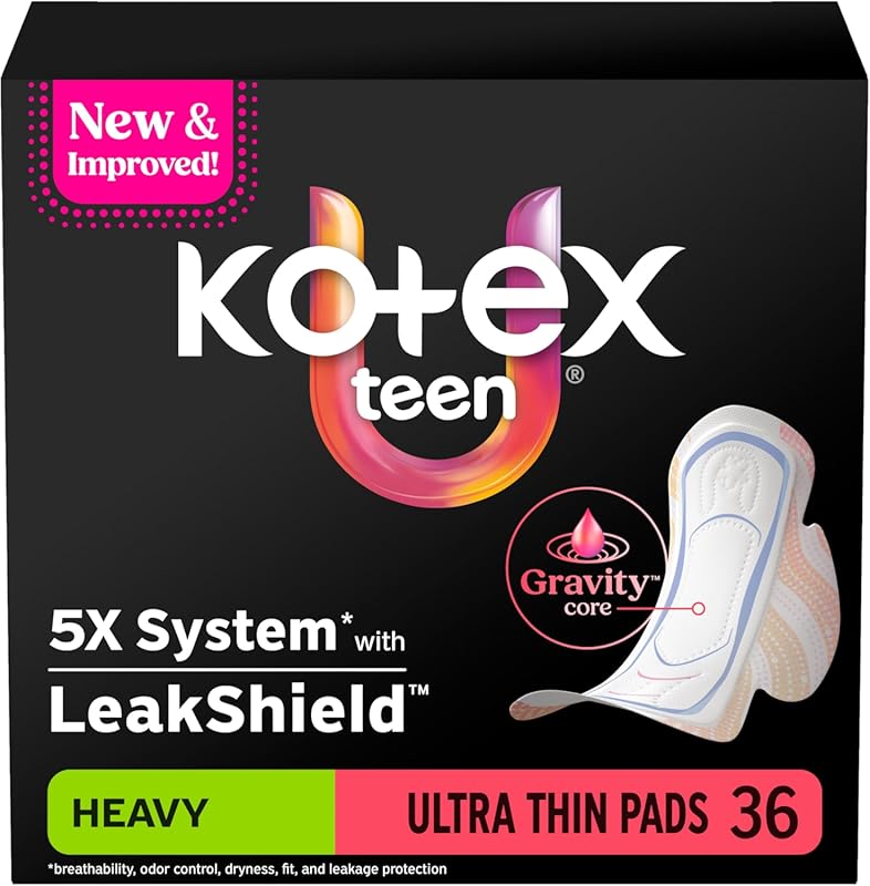 Kotex Ultra Thin Teen Pads with Wings, Heavy Absorbency for Young Girl