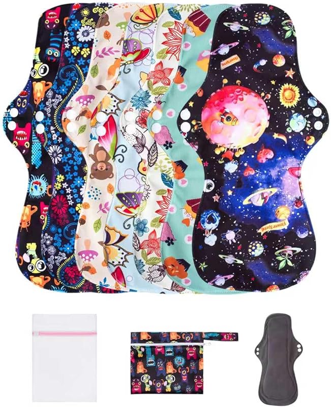 LUCKYPADS 7-Piece Reusable Overnight Menstrual Pads with Wings, Extra 