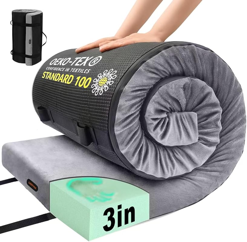 3-inch Thick Memory Foam Camping Mattress Pad, Portable Roll-Up Cot Ma