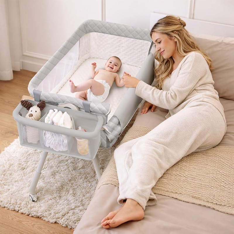 4-in-1 Baby Bassinet Bedside Sleeper with Lockable Wheels, Storage Bas