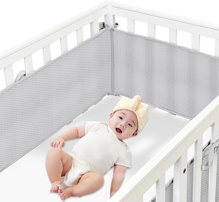 Breathable Mesh Crib Liner 4-Piece Set for Full-Size Cribs, Gray, for 